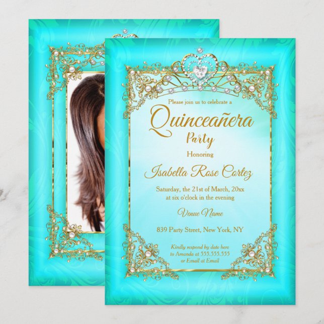Invitación Quinceanera foto de perla azul Verde azulada fiest (Anverso / Reverso)