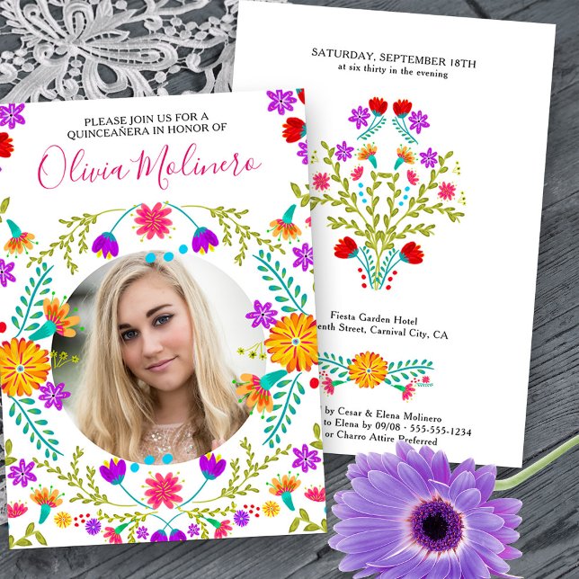 Invitación Quinceanera Foto Fiesta Mexicana Blanco Floral (Quinceanera Photo Invitation from Mexican Fiesta Flowers Quinceanera Collection -printed or digital)