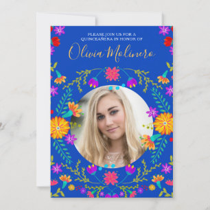 Invitación Quinceañera Foto Fiesta Mexicana Floral Azul Real
