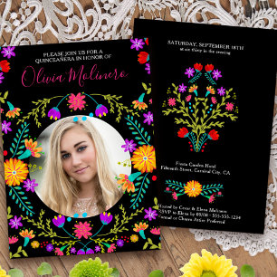 Invitación Quinceañera Foto Fiesta Mexicana Floral Negro