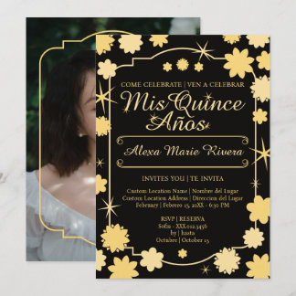 Invitación Quinceañera Foto Floral Oro Plata Rosa Glam