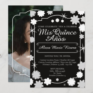 Invitación Quinceañera Foto Floral Oro Plata Rosa Glam