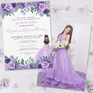 Invitación Quinceañera Foto Floral Púrpura