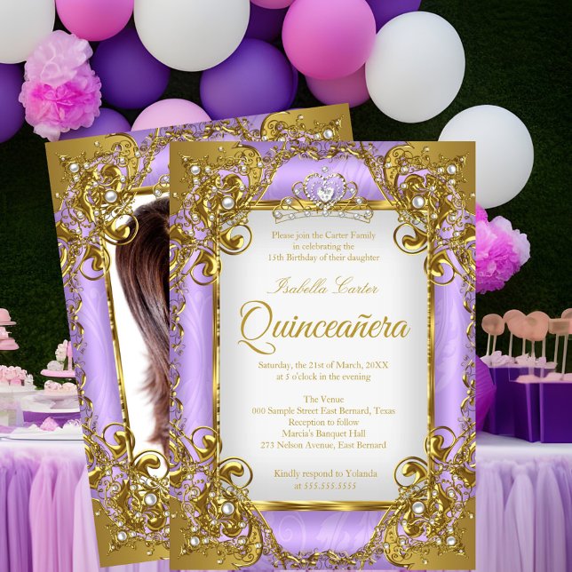 Invitación Quinceanera Foto Perla dorada morada Tiara (Subido por el creador)