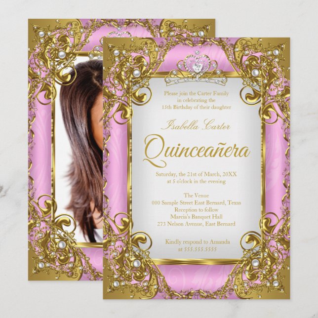Invitación Quinceanera Foto Perla dorada rosa Tiara (Anverso / Reverso)