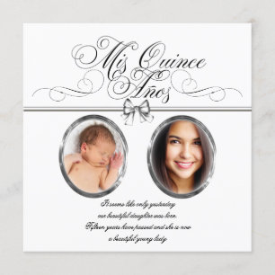 Invitación Quinceañera foto plateada, negra y blanca