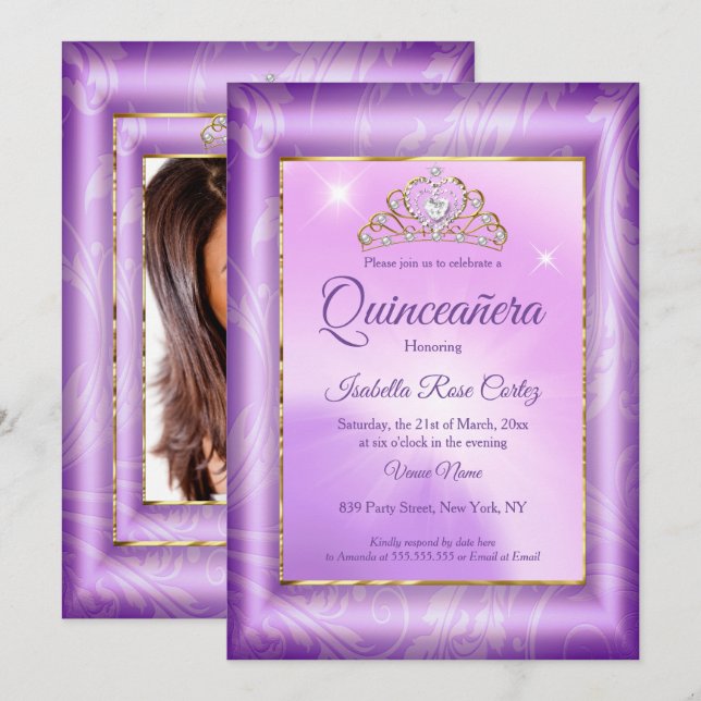 Invitación Quinceanera foto púrpura fiesta del Tiara Oro (Anverso / Reverso)