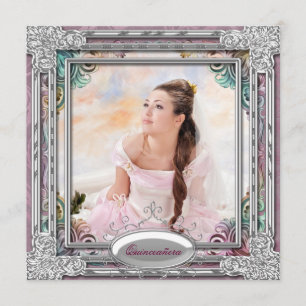 Invitación Quinceañera Foto Rosa Coral Azul Verde Plata