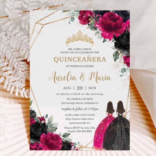 Invitación Quinceañera Fuchsia Black Floral Twins Gold (Subido por el creador)