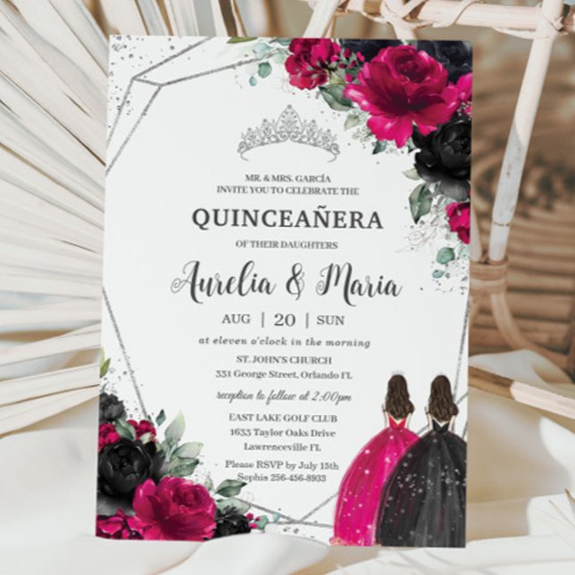 Invitación Quinceañera Fuchsia Black Floral Twins Silver (Subido por el creador)