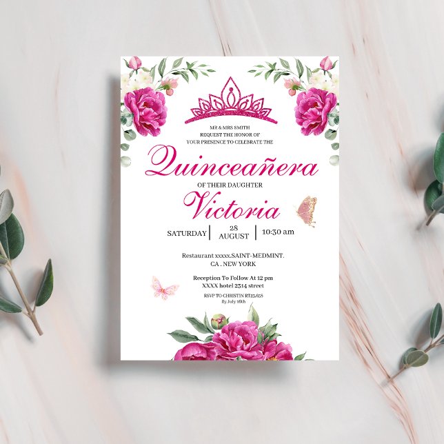 Invitación Quinceañera Fuchsia Crown de mariposa floral rosa (Subido por el creador)