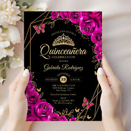 Invitación Quinceanera Fuchsia Floral de oro negro rosado