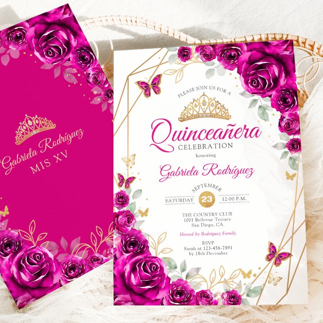 Invitación Quinceanera Fuchsia Floral de oro rosa (Subido por el creador)