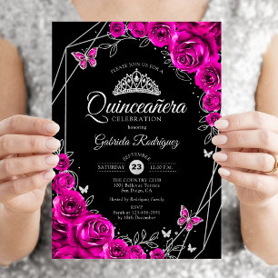 Invitación Quinceanera Fuchsia Floral de plata negra rosa