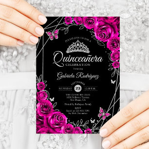 Invitación Quinceanera Fuchsia Floral de plata negra rosa