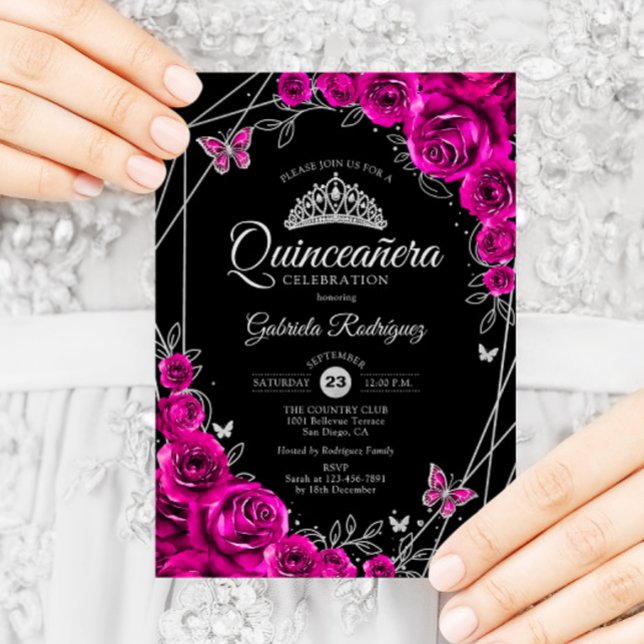 Invitación Quinceanera Fuchsia Floral de plata negra rosa (Subido por el creador)