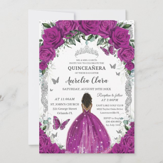 Invitación Quinceanera Fuchsia Floral Vintage Silver Brown (Anverso)