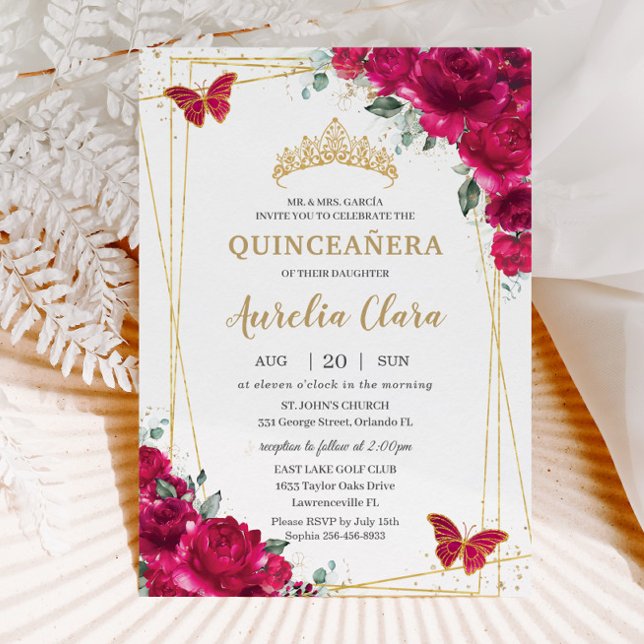 Invitación Quinceañera Fuchsia Mariposas Florales Rosa Tiara (Subido por el creador)