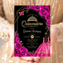 Invitación Quinceanera Fuchsia Pink Gold Dress Floral