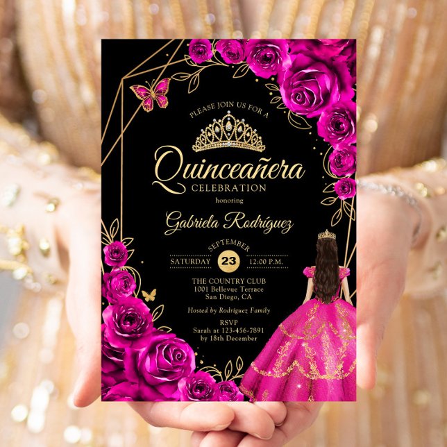 Invitación Quinceanera Fuchsia Pink Gold Dress Floral (Subido por el creador)