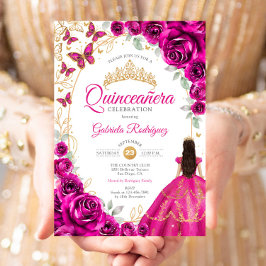 Invitación Quinceanera Fuchsia Pink Gold Floral