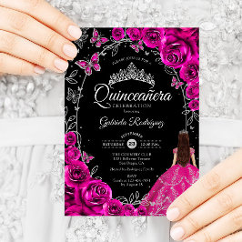 Invitación Quinceanera Fuchsia Pink Silver Black