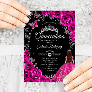 Invitación Quinceanera Fuchsia Pink Silver Black