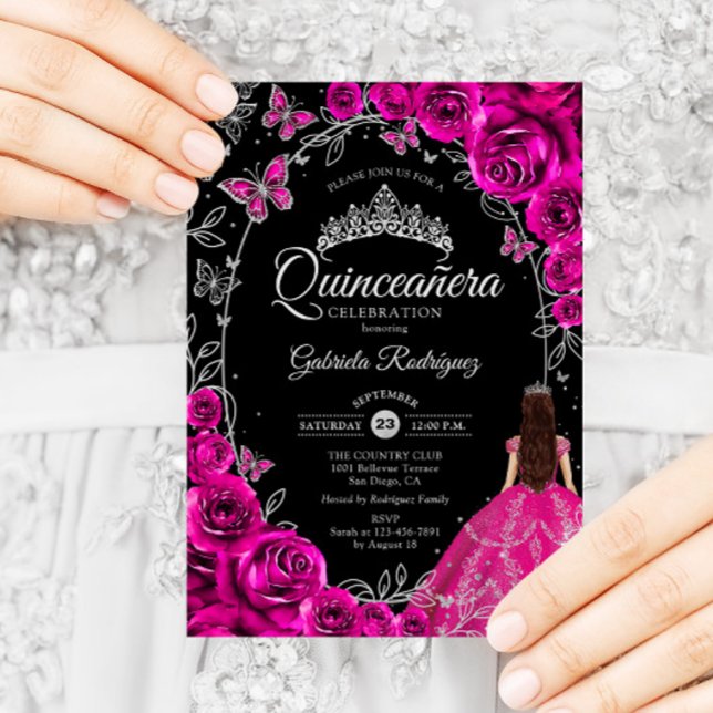 Invitación Quinceanera Fuchsia Pink Silver Black (Subido por el creador)