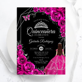 Invitación Quinceanera Fuchsia Pink Silver Dress Floral