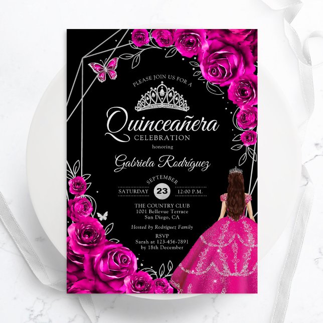 Invitación Quinceanera Fuchsia Pink Silver Dress Floral (Subido por el creador)