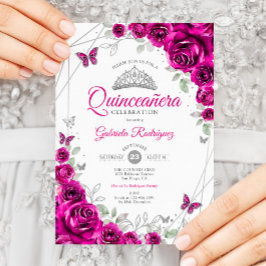 Invitación Quinceanera Fuchsia Plata Rosa Floral
