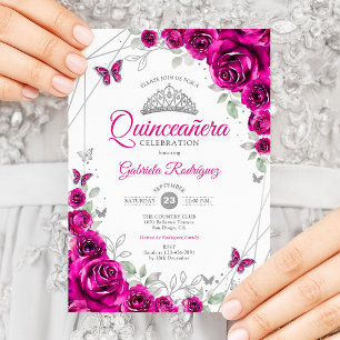 Invitación Quinceanera Fuchsia Plata Rosa Floral