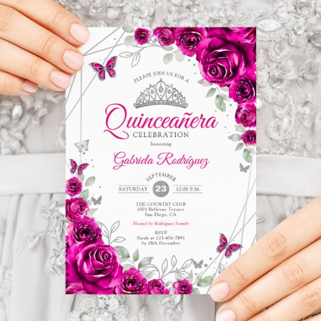 Invitación Quinceanera Fuchsia Plata Rosa Floral (Subido por el creador)
