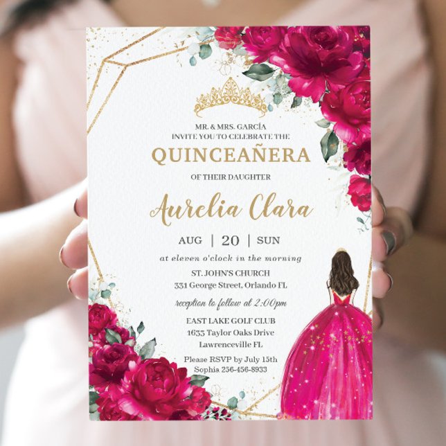 Invitación Quinceañera Fuchsia Princesa Floral Rosa Gown Gold (Subido por el creador)