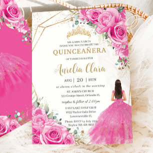 Invitación Quinceañera Fuchsia Princesa Floral Rosa Oro