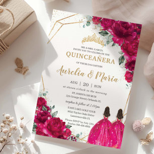 Invitación Quinceañera Fuchsia princesas mellizas florales ro