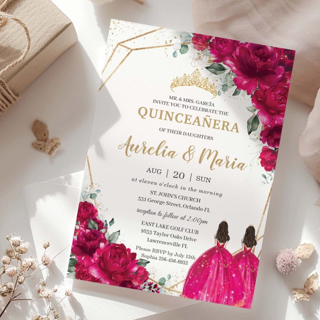 Invitación Quinceañera Fuchsia princesas mellizas florales ro (fuchsia-hot-pink-floral-quinceanera-gold-twins-princesses-dress-15-sweet-16-birthday-invitation-card)