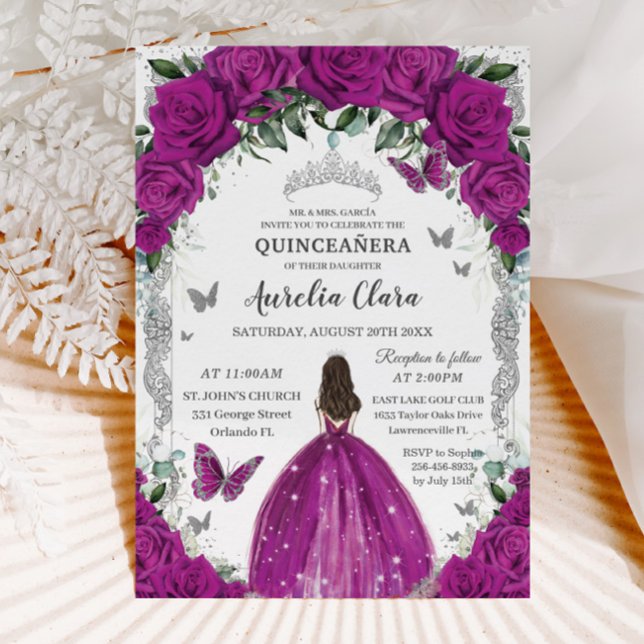 Invitación Quinceañera Fuchsia Rosas Floral Vintage Silver (Subido por el creador)
