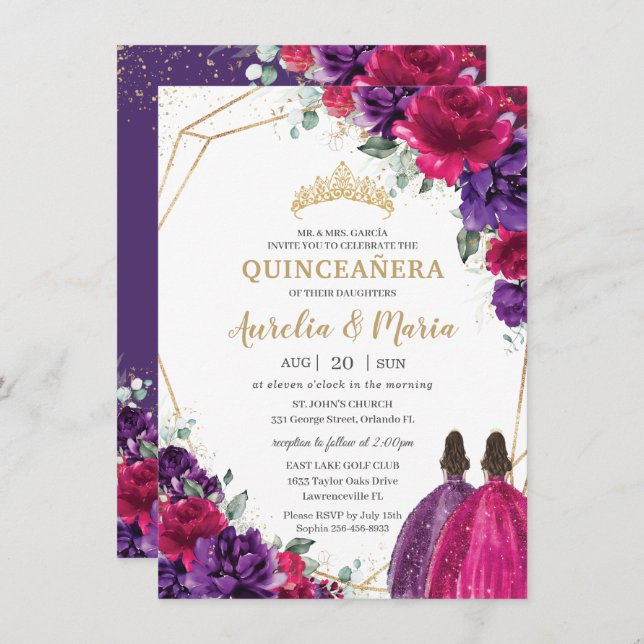 Invitación Quinceañera Fuchsia Rosas morados de flores gemelo (Anverso / Reverso)
