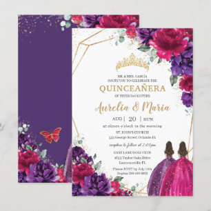 Invitación Quinceañera Fuchsia Rosas morados de flores gemelo