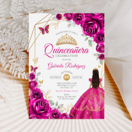 Invitación Quinceanera Fuchsia Vestido de Oro Rosa