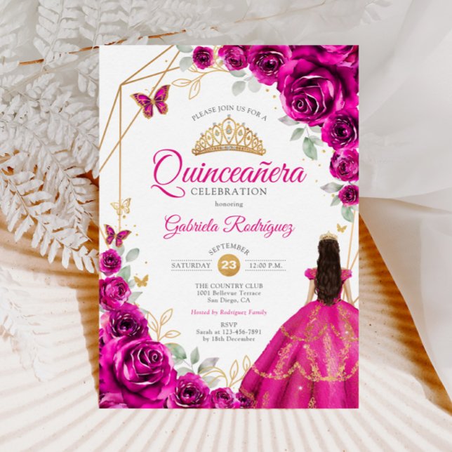 Invitación Quinceanera Fuchsia Vestido de Oro Rosa (Subido por el creador)