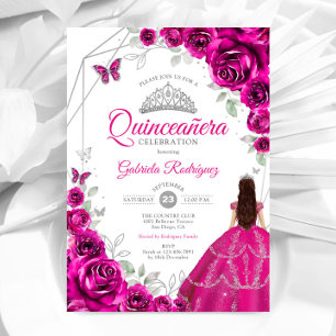 Invitación Quinceanera Fuchsia Vestido de Plata Rosa