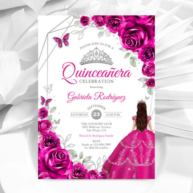 Invitación Quinceanera Fuchsia Vestido de Plata Rosa (Subido por el creador)