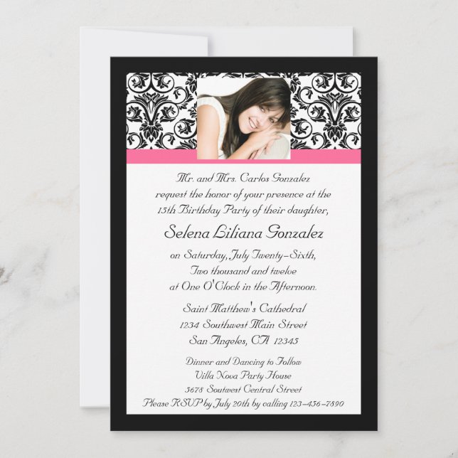 Invitación Quinceanera Fushcia Damask rosa y negro (Anverso)