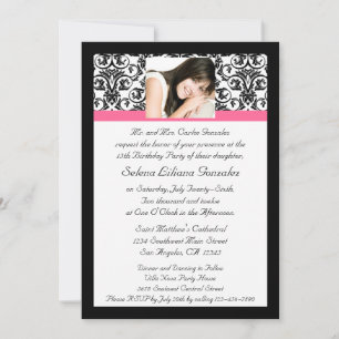 Invitación Quinceanera Fushcia Damask rosa y negro