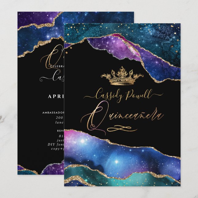 Invitación Quinceanera, galaxia acuarela Agate Faux Gold (Anverso / Reverso)
