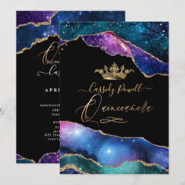 Invitación Quinceanera, galaxia acuarela Agate Faux Gold