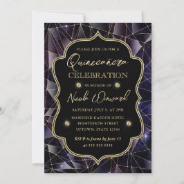 Invitación Quinceañera Galaxia Cristal Medianoche Negro y Dor