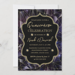 Invitación Quinceañera Galaxia Cristal Medianoche Negro y Dor